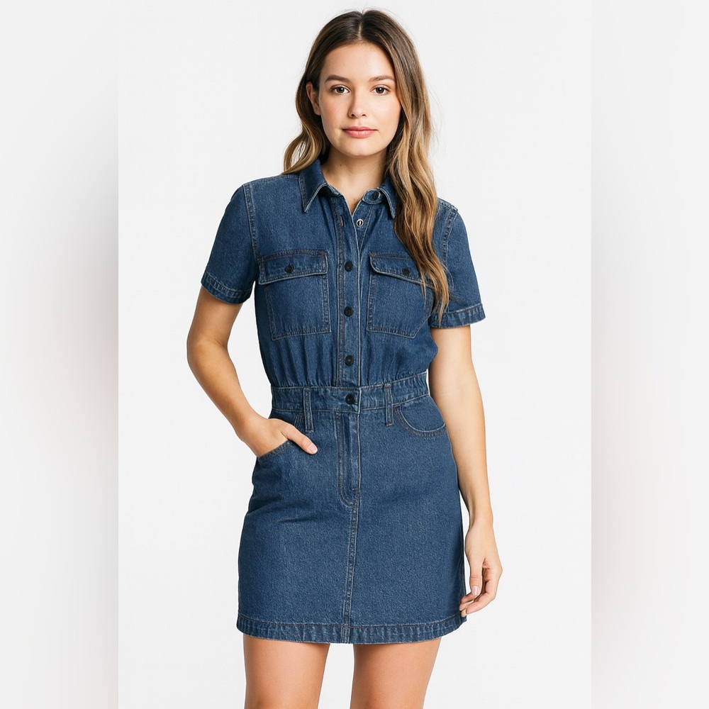 Madewell Denim Waisted Shirtdress size 4 button front ao313 utility short sleeve